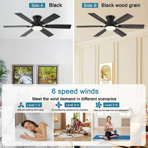 Low Profile 52 Inch Ceiling Fan With Light And Remote App Control, Dimmable LED, 3CCT, six-speed settings display