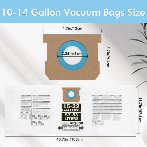 Diagram of 15 Pack Vacuum Bags For 15 To 22 Gallon Vacuums Type G/J 90663 90673 9066300 9067300 with dimensions and instructions.
