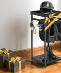 Heavy Duty Police Gear Stand with four strong hangers for handguns, belts, vests, body armor, with gifts on wooden floor