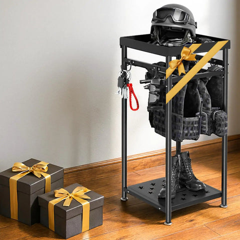 Heavy Duty Police Gear Stand with four strong hangers for handguns, belts, vests, body armor, with gifts on wooden floor