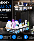 Top Tier Double Slide Out Under Sink Organizers Two Pack Black Steel Pull Out Shelves With Splash Resistant Mat Straight Up Kitchen Cabinet Organization Solution displaying smooth pull-out drawers with cleaning supplies.