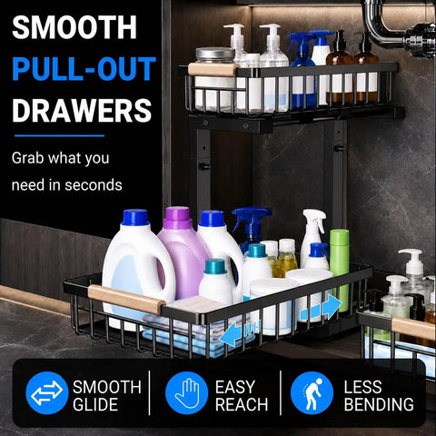 Top Tier Double Slide Out Under Sink Organizers Two Pack Black Steel Pull Out Shelves With Splash Resistant Mat Straight Up Kitchen Cabinet Organization Solution displaying smooth pull-out drawers with cleaning supplies.