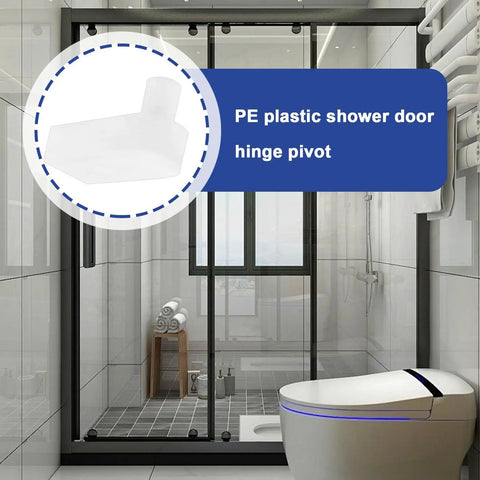 2Pcs Bifold Shower Door Hinge Pivot 7.5mm PE Glass Door Hinge Shaft For Bathroom And Balcony Free Swinging Easy Install 360 Degree Rotation Fits 32x14x19mm White visible in bathroom shower installation.