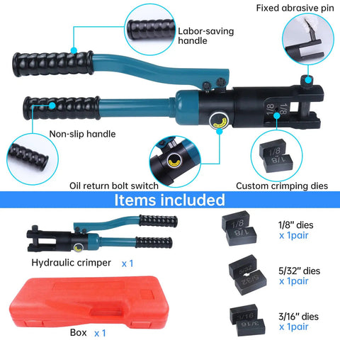 Upgraded Hydraulic Cable Railing Crimping Tool For Deck Railing Installation with dies, case and details labeled.