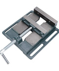 6 Inch Drill Press Vise Heavy Duty Cast Iron Low Profile Bench Vice with aligned jaws and a sturdy clamp for precise workholding.