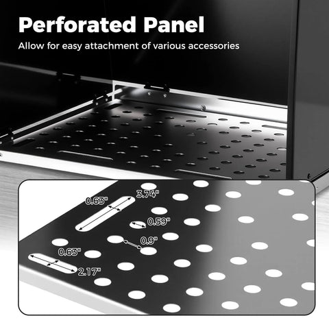 Perforated panel showing fixture holes on Folding Welding Table With Carry Handle Pro Grade Build, 17 By 20 Inch Portable Galvanized Metal Work Table.