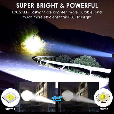 Beefy 2000 Lumen Rechargeable Tactical Flashlight With 10 Modes Waterproof LED Beam Up To 1000m 2025 Upgrade XHP70 beam comparison