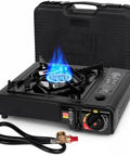 Dual Fuel Camping Stove Run On Butane Or Propane, Portable Outdoor Cooking Gear With Included Propane Adapter Hose And Carrying Case, Delivers 7800 BTU For Quick, Easy Meals On The Go in black case with blue flame and adapter hose