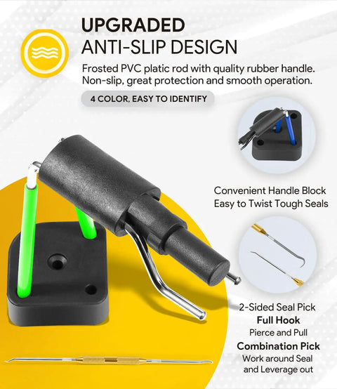 Six Pack Hydraulic Seal Installation Tools Set With Four Size U Cup Seal Installers And Upgraded Twistor Handle in black and green