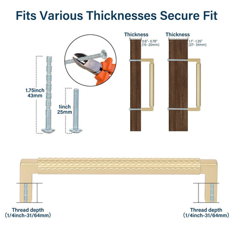 Diagram showing installation of 10 Pack Solid Zinc Alloy 5 Inch Center To Center Slim Square Bar Cabinet And Drawer Handles Gold Knurled Dresser Pulls.