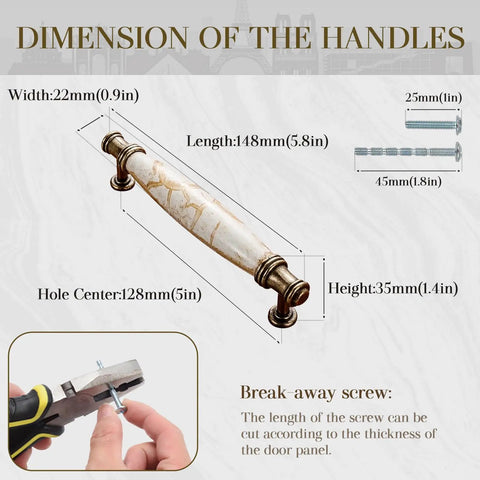 Dimensions of 2 Pack Solid Marble Vein Ceramic Drawer Pulls 5 Inch Vintage Antique Brass for cabinet handles.