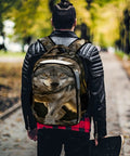 Man wearing Rock Mountain Grey Wolf Print Unisex Backpack Big Capacity For Everyday Carry And Travel Durable Polyester Build