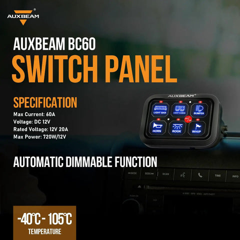 Slick 6 Gang Touch Control Switch Panel With Automatic Dimmable LED Backlight And Built In Relay System For Car Truck Jeep SUV Boat UTV Wiring Hella Smooth Upgrade Your Ride Today on dashboard displaying multiple features.