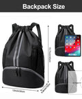 Waterproof Drawstring Gym Bag With Shoes Compartment And Wet Pocket Sports Backpack, size dimensions with tablet and magazine reference.