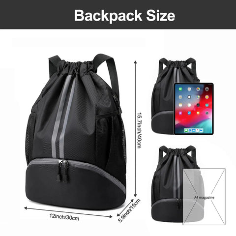 Waterproof Drawstring Gym Bag With Shoes Compartment And Wet Pocket Sports Backpack, size dimensions with tablet and magazine reference.
