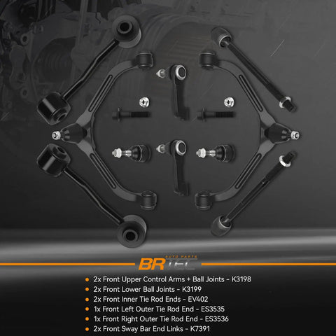 Jeep Liberty Front Upper Control Arms Kit 10Pc Replacement For 2002 2003 2004 2.4L 3.7L With Lower Ball Joints Inner And Outer Tie Rods Sway Bar Links Front End Suspension Upgrade For Smoother Tighter Steering, black suspension parts laid out
