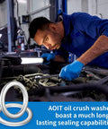 Mechanic using Heavy Duty M18 Aluminum Oil Drain Plug Gasket Crush Washers Kit For Volvo in a garage setting