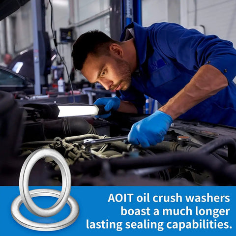 Mechanic using Heavy Duty M18 Aluminum Oil Drain Plug Gasket Crush Washers Kit For Volvo in a garage setting