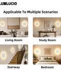 LUXLUCIO Hardwired 9" Round Backlit White Modern Indoor LED Wall Sconce in living room, study room, stairway, and bedroom settings.
