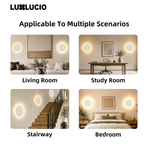LUXLUCIO Hardwired 9" Round Backlit White Modern Indoor LED Wall Sconce in living room, study room, stairway, and bedroom settings.