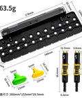 Cabinet Shelf Pin Jig With Quarter Inch Drill Guides For Straight Holes And Drilling Template shown with bits and dimensions