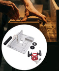 Built To Last Heavy Duty Aluminum Router Lift Kit With Smooth Manual Precision Dial Control on woodwork surface, showcasing precision tools.