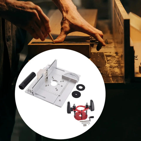 Built To Last Heavy Duty Aluminum Router Lift Kit With Smooth Manual Precision Dial Control on woodwork surface, showcasing precision tools.