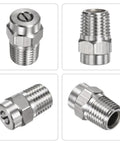 Pro Grade Surface Clean Tips Set Two Pack 25 Degree Pressure Washer Nozzles One Quarter Inch NPT Male Stainless Steel With Sealing Tape Replacement For Water Guns And Surface Cleaners One Point One Five Six Millimeter Orifice displayed in four angles
