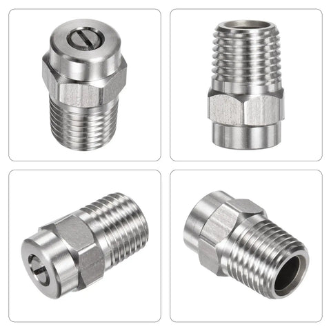 Pro Grade Surface Clean Tips Set Two Pack 25 Degree Pressure Washer Nozzles One Quarter Inch NPT Male Stainless Steel With Sealing Tape Replacement For Water Guns And Surface Cleaners One Point One Five Six Millimeter Orifice displayed in four angles