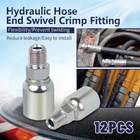 AKM hydraulic hose fittings, 12 pcs, chrome-plated metal, 1/4 in hose to 1/4 in NPTF male crimp ends, front view