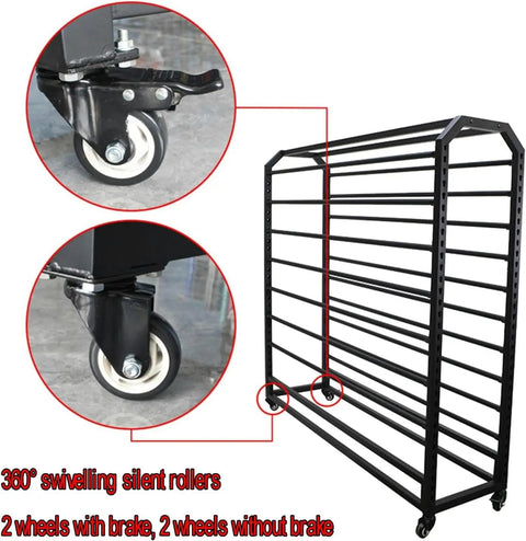 Heavy Duty Cold Rolled Steel Textile Storage Rack And Vinyl Roll Cart Organizer For Wallpaper Window Film And Material Spools with 360° swiveling silent rollers.