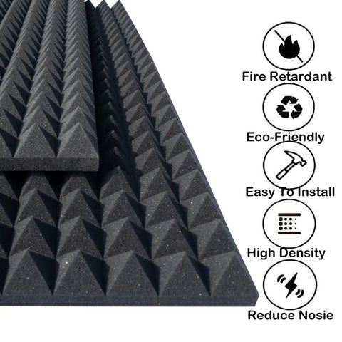 Top Tier Acoustic Foam Panels 2 Pack Wall Mounted Sound Absorbing Tiles 48x24x2 Inch black pyramid foam close-up.