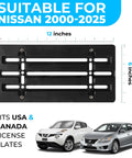 Heavy Duty Front Bumper License Plate Bracket For Nissan 2000 To 2026, measures 12x6 inches, suitable for USA & Canada plates.