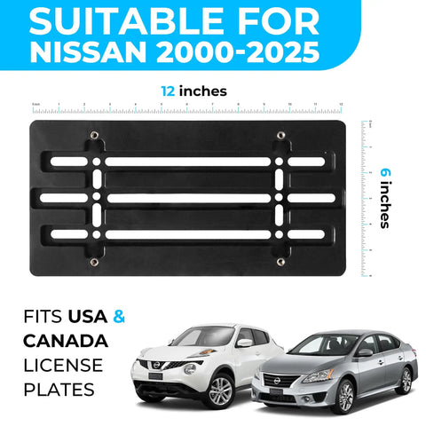 Heavy Duty Front Bumper License Plate Bracket For Nissan 2000 To 2026, measures 12x6 inches, suitable for USA & Canada plates.