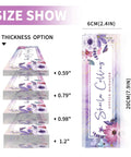 Size display for Personalized Acrylic Desk Name Plate With Purple Flower Design, showing thickness options and dimensions.