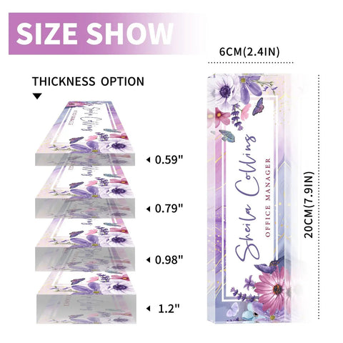 Size display for Personalized Acrylic Desk Name Plate With Purple Flower Design, showing thickness options and dimensions.