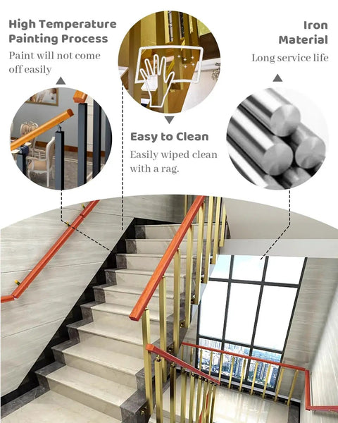 Heavy Duty Metal Staircase Balusters Side Mount Railing Kit Hella Sturdy Iron Posts With Fresh Gold Coating and Full Height Adjustments For Decks Porches Lofts And Steps Game Changing Install Includes Twenty 48 Inch Bars on stairway.