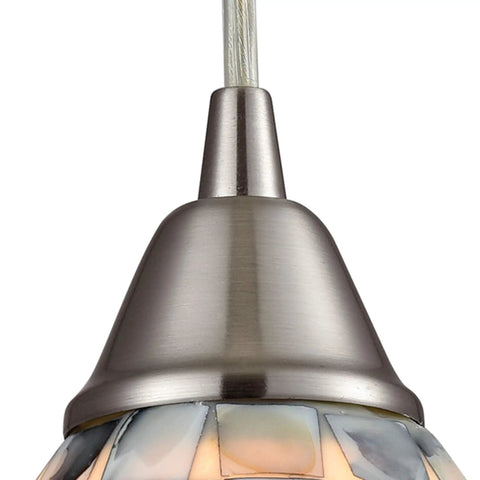 Close-up of Capri Mini Pendant Light with satin nickel finish and gray capiz shell in transitional style ceiling fixture.