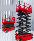 Heavy Duty Fully Automatic Electric Scissor Lift Table Mobile Hydraulic Platform Four Meter Rise with red steel frame in warehouse.