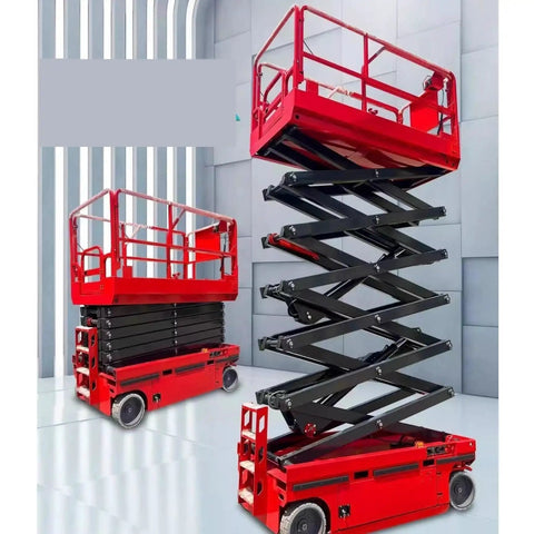 Heavy Duty Fully Automatic Electric Scissor Lift Table Mobile Hydraulic Platform Four Meter Rise with red steel frame in warehouse.