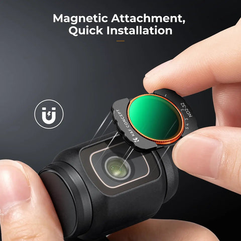 Variable ND Filter For DJI Osmo Pocket Three And Four ND Two To ND Thirty Two VND With Magnetic Mount being attached