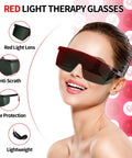 FreeMascot IPL laser safety glasses with green-tinted lenses worn by a model for laser hair removal and cosmetology.