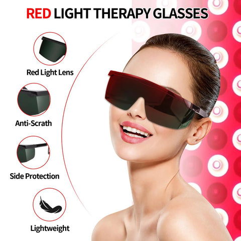 FreeMascot IPL laser safety glasses with green-tinted lenses worn by a model for laser hair removal and cosmetology.