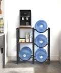 Heavy Duty Water Jug Rack With Shelf For Bottles, Space Saving Dispenser Storage Organizer with bottles in a kitchen