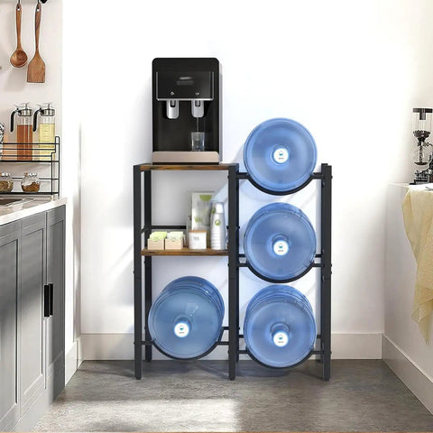 Heavy Duty Water Jug Rack With Shelf For Bottles, Space Saving Dispenser Storage Organizer with bottles in a kitchen
