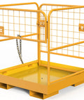 Rock Solid Forklift Safety Cage 36 X 36 Inches Heavy Duty Steel Man Basket features a mesh back and chain for safety.