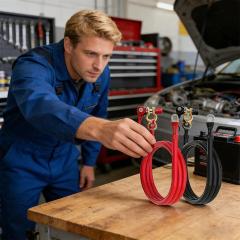 Mechanic inspecting Flexible Heavy Duty Battery Cable Connector And Extension Wire for truck marine golf cart motorcycle use