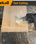 Rip Through Heavy Duty Deep Reach Oscillating Tool Blades For Woodwork in action, cutting through wood with shavings flying.