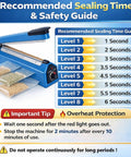 Image showing blue 12 Inch Heat Sealer for Bags of Snacks and Cookies, sealing guide, and safety instructions.