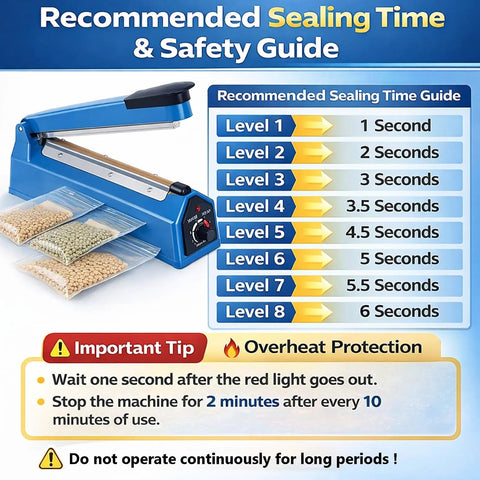 Image showing blue 12 Inch Heat Sealer for Bags of Snacks and Cookies, sealing guide, and safety instructions.